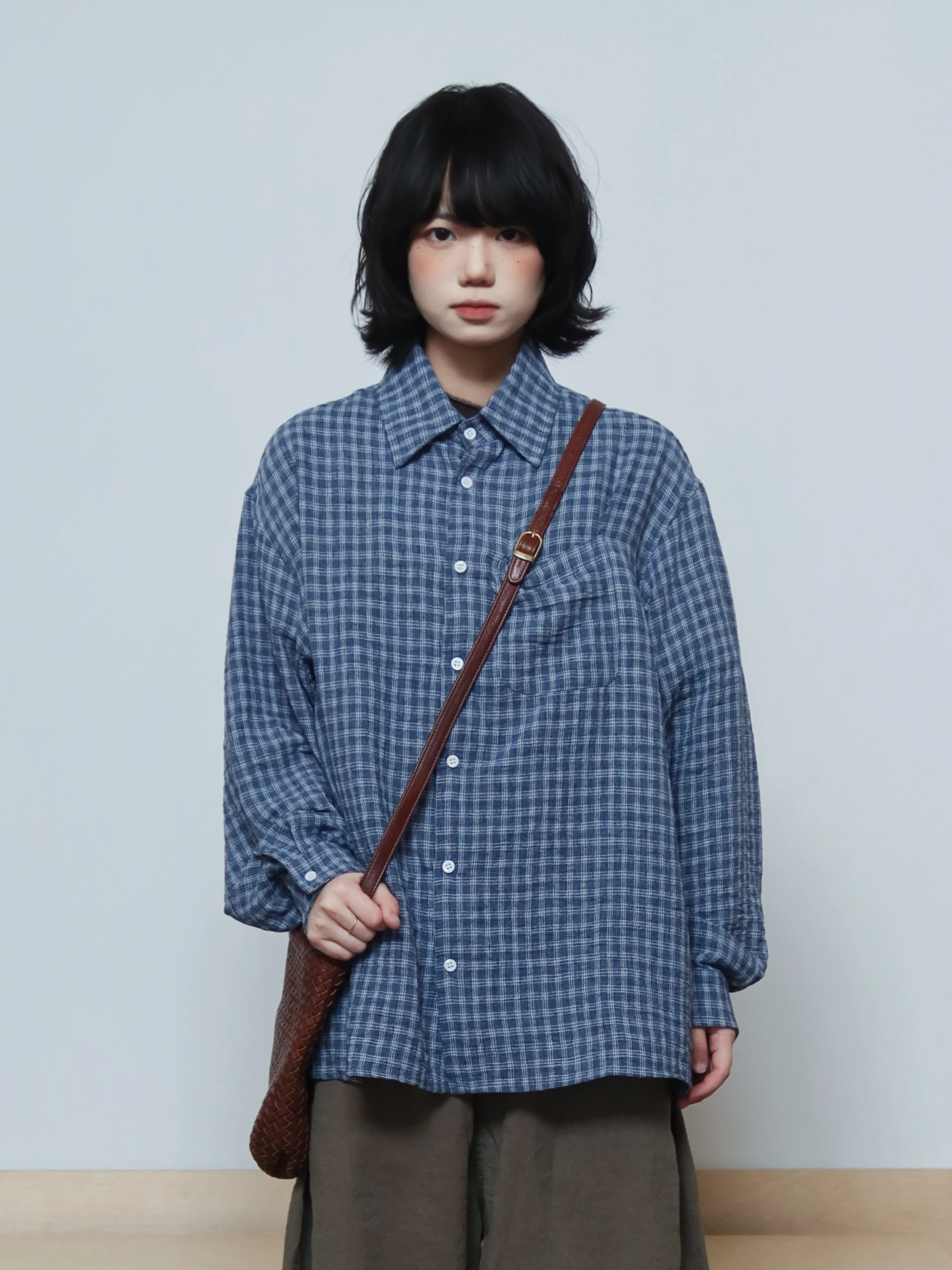 

Special Plaid Bubble Shirt Casual Texture Sensation Blue White Grid Loose Fit Polyester Fiber Long Sleeve Women's Premium Shirt
