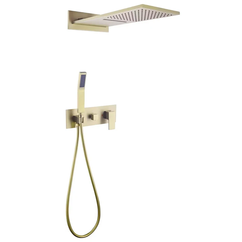 

Matte Black Brushed Gold Wall-Mounted 3-Function Bathroom Waterfall Rain Shower Set Hot Cold Mixer Massage Spray Made Brass