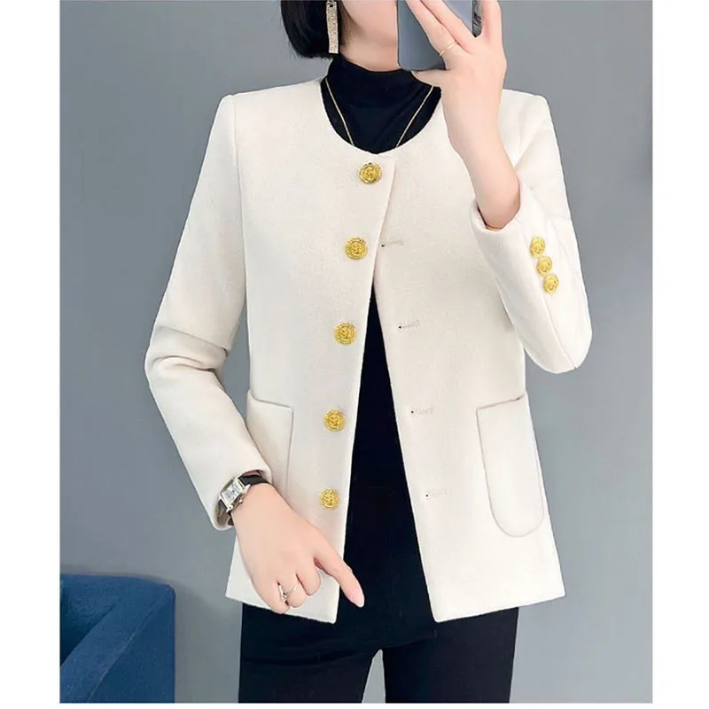 معطف صوفي صغير برائحة الإناث 2025 ربيع الخريف الكورية سترة جديدة المرأة النمط الغربي موضة أبلى الجولة الرقبة ملابس خارجية #3