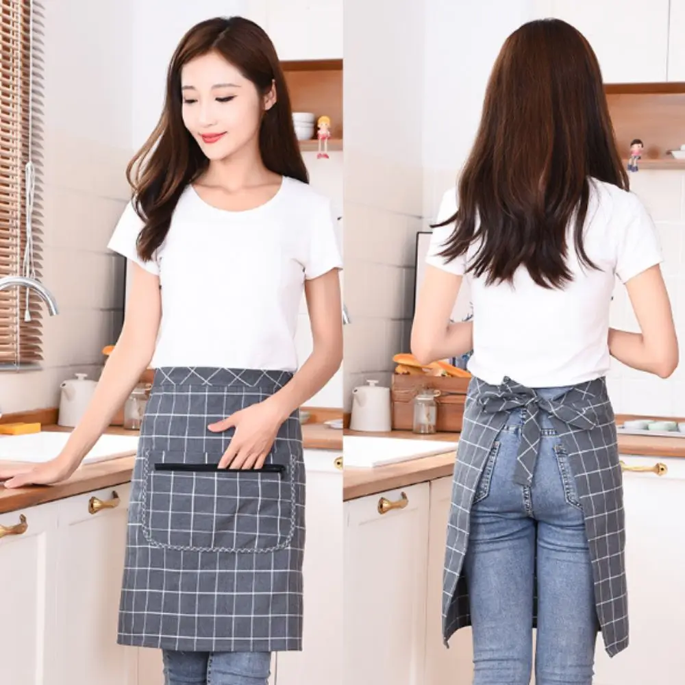 Cotton Kitchen Apron Thin Breathable Work Apron Antifouling Zipper Pocket Oil-proof Half-length Waist Pinafore Home Kitchen