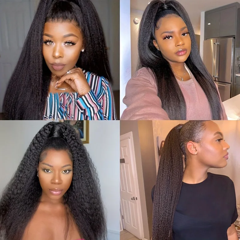 10～26インチの縮れ毛ストレートポニーテール人毛ポニーテールエクステ、女性用マジックテープ巻き付けブラジリアンバージンヘアフルエンド