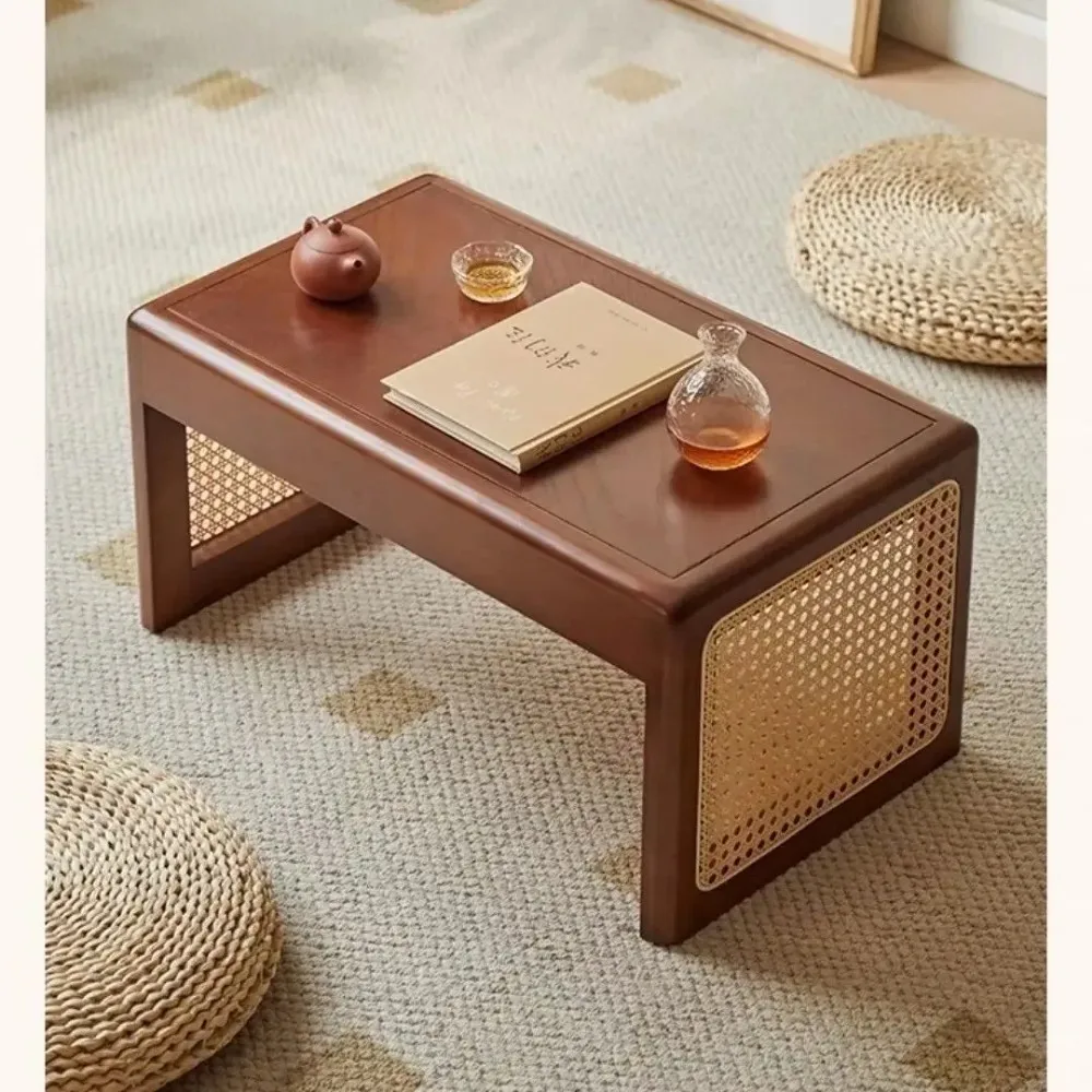 Mid-retro Japanese Style Solid Wood Rattan Tea Drinking Small Low Table Side Tables Living Room Bedroom Bay Window Leisure