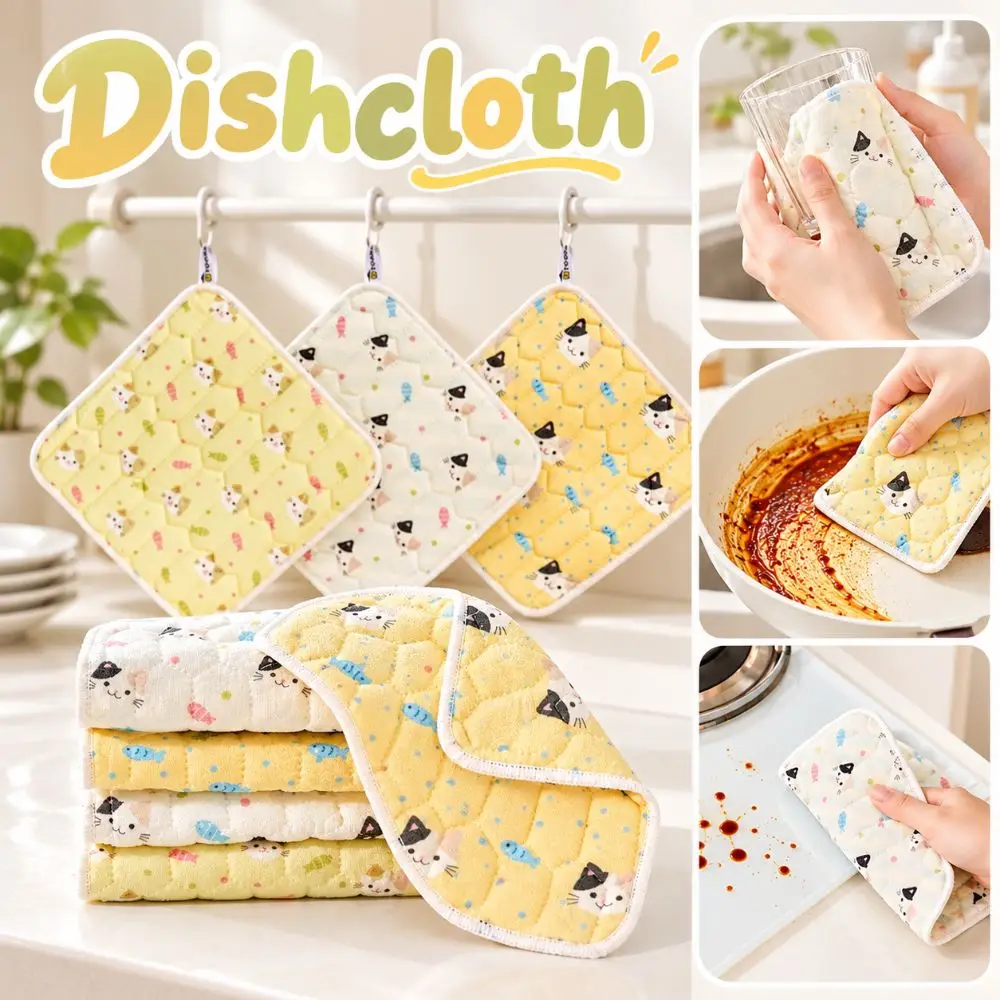 3Pcs New Cartoon Cat Dishcloth Antibacterial Thickened Cleaning Cloth Quilted Wood Fiber Dish Washing Cloth Dish Washing