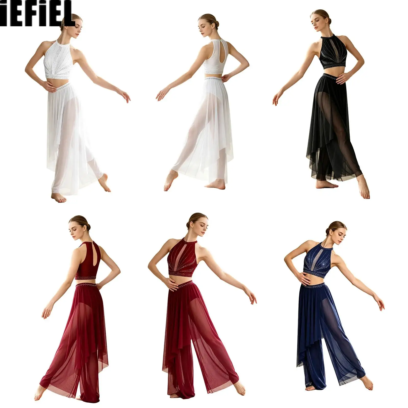 Women Lyrical Dance Sets Rhinestones Sleeveless Back Keyhole Tank Top And Irregular Overlay Built-in Briefs Mesh Pants