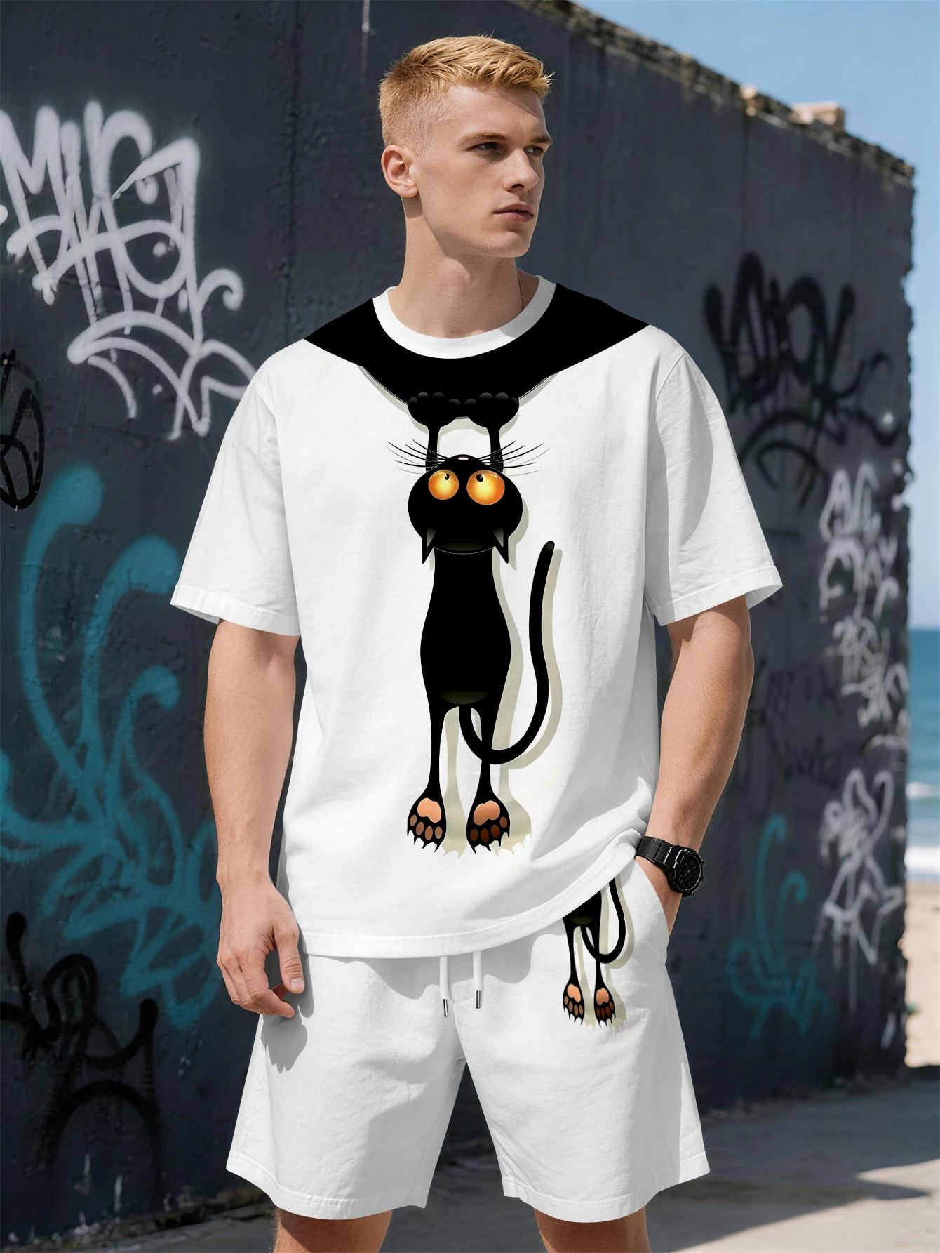 

Новый летний мужской комплект 2026 года с коротким рукавом и 3D-принтом в виде кошки для уличной повседневной моды: удобный и мягкий