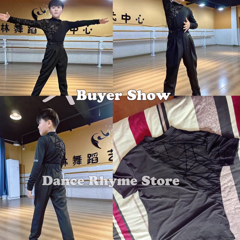New Kids Boy Latin Dance Costumes Children Long Sleeve High-Neck Tops Ballroom Cha Cha Dance Training Clothes Black Shirt XH1831