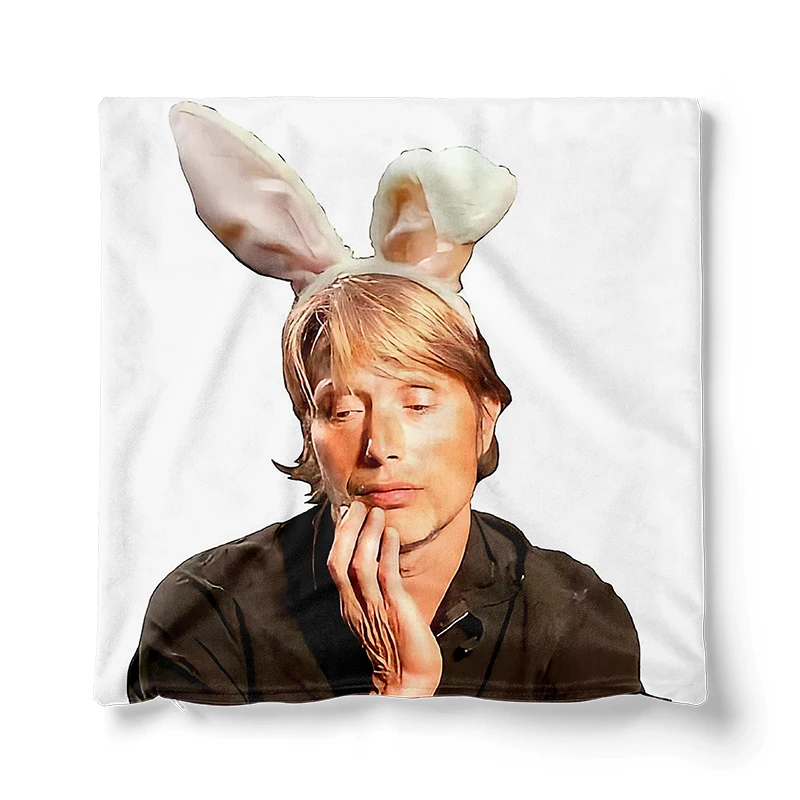 Gaslight Gatekeep Girlboss Mads Mikkelsen with Bunny Ears Throw Pillow Covers Cushion Cases Pillowcases for Sofa 45cm x 45cm