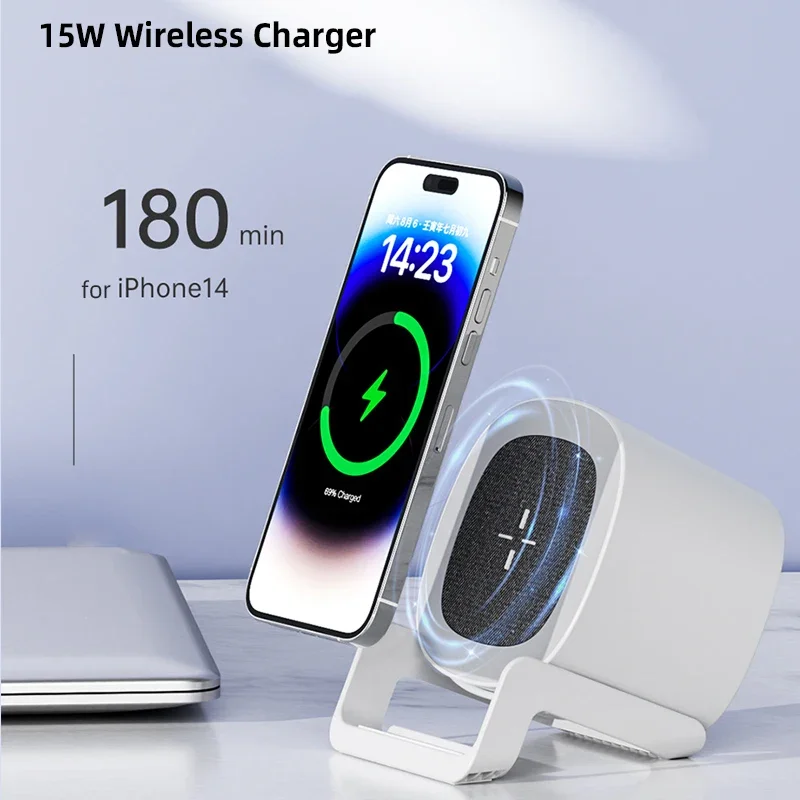 15W Wireless Speaker Touch Sensor Bedside Lamp 4 In 1 Blue Tooth Speaker Wireless Charger Atmosphere Lamp Changing Music Speaker