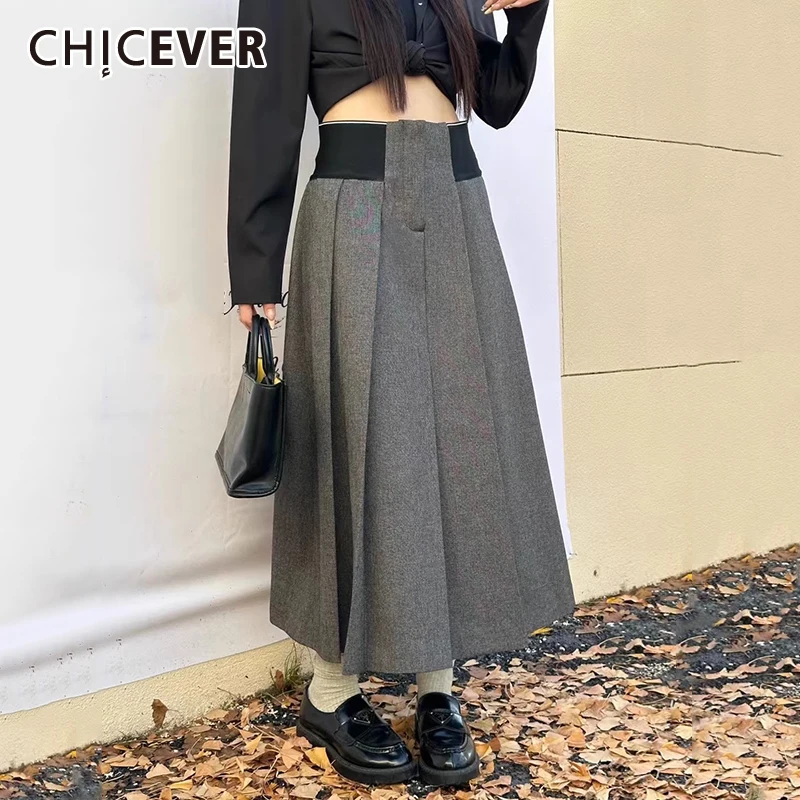 CHICEVER Gray Preppy Style Skirt For Women High Waist Patchwork Elastic Pleated Casual A Line Long Skirts Female Clothing Autumn