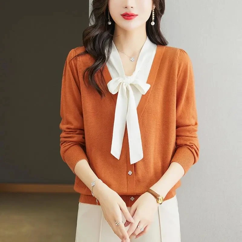 

Women's Chic V-neck Commute Knit Top Pullovers Spring Autumn New Fashion Solid Bow Sweater Base Layer