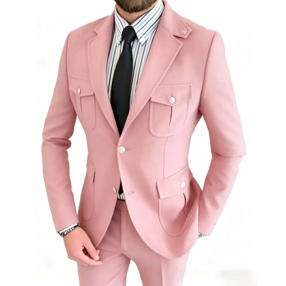 Single Breasted Safari Men Suits Business Suits for Men Multi Pocket Blazer Pants Set Formal Casual Men Outfit for Wedding Party view 4