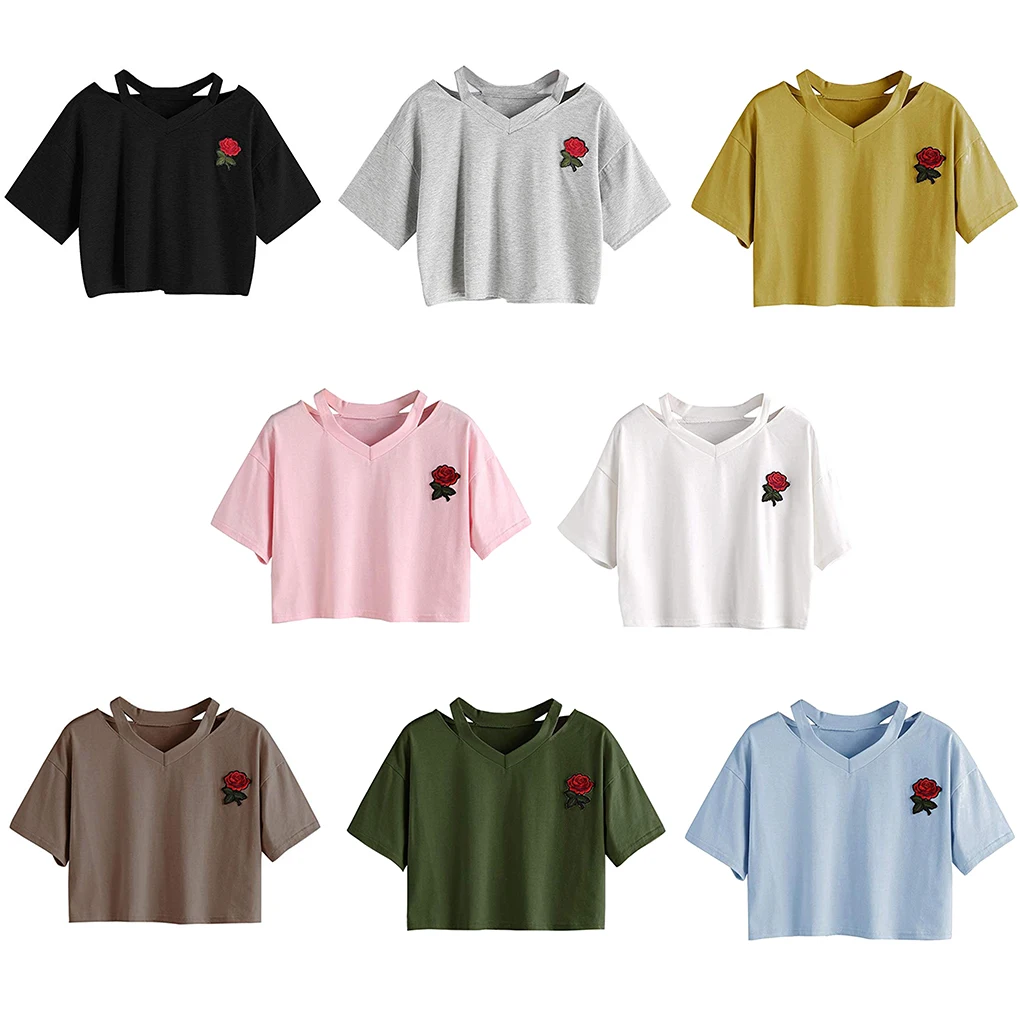 Camicetta da donna sexy con scollo a V ricamato rosa corta da donna