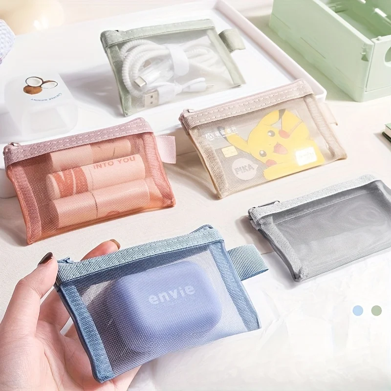 Transparent Mesh Storage Bag with Zipper Closure - Multi-Compartment Organizer for Coins, Cards,Bus Passes - Durable Polyester