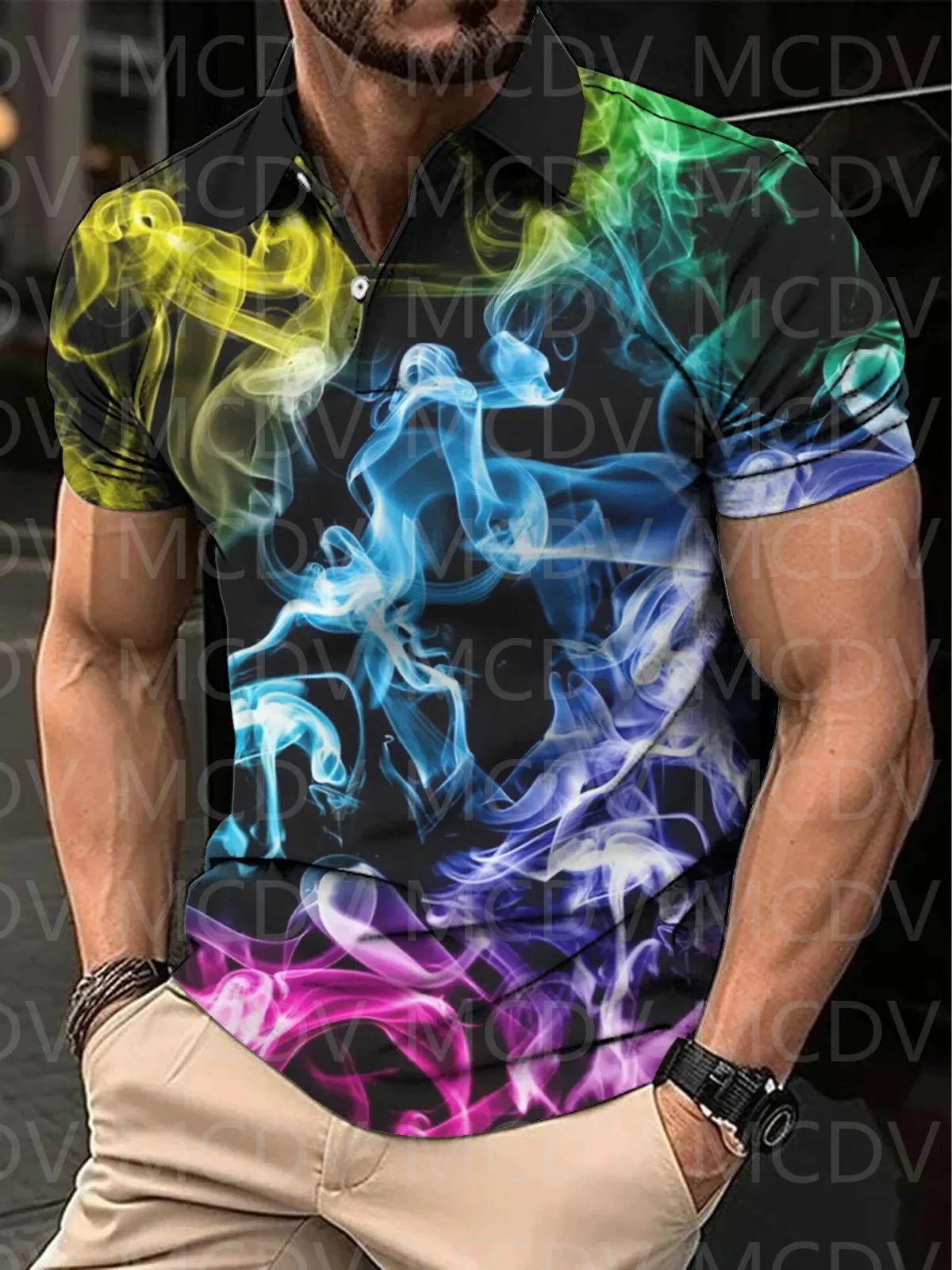 Men's Rainbow Smoke Casual Printed Short-Sleeved Polo Shirt 3D Printed Polo Shirt Summer Men's Tops