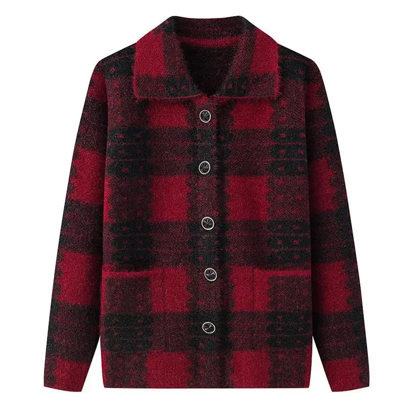 

#2954 Winter Mohair Plaid Cardigan Coat Women Single Breasted Sweater Coat Female Turn-down Collar Knitwear Coat Middle Aged