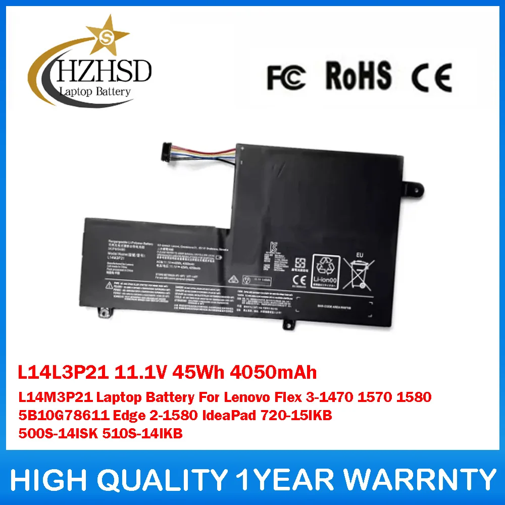 

L14L3P21 11.1V 45Wh 4050mAh L14M3P21 Laptop Battery For Lenovo Flex 3-1470 1570 1580 5B10G78611 Edge 2-1580 IdeaPad 720-15IKB