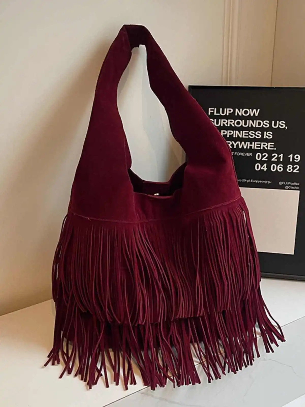 Burgundy Frosting Suede Tassel Tote Bag Autumn New Women\'s Magnetic Buckle Large Capacity Shoulder Bags Retro Texture Handbag