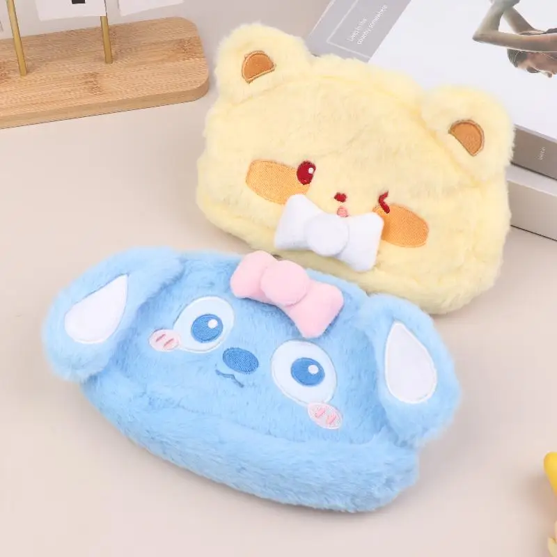 Astuccio per matite in peluche con fiocco di cartone animato Borsa per cancelleria di grande capacità Bella borsa per cosmetici in peluche Regali di compleanno di Natale