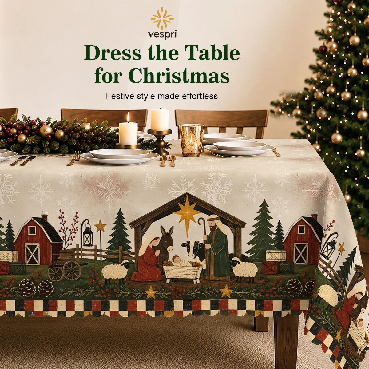 Nativity Tablecloth with Nativity, Trees & Snowmen for Indoor/Outdoor Camping decor, Rectangular/Round/Oval