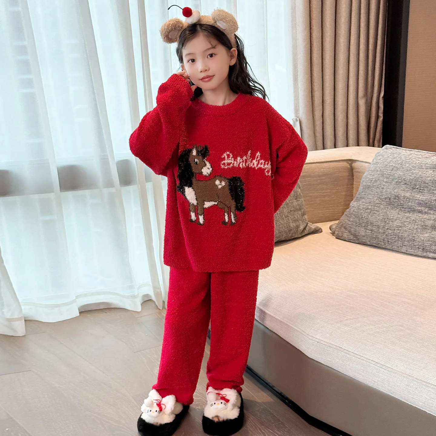 

Girls Sleepwear 2Pieces Of PJ Sets Sweetheart Long Sleeve+Long Pants Christmas Suit Child Velvet Warm HomeWear Sets Size 4-14Y