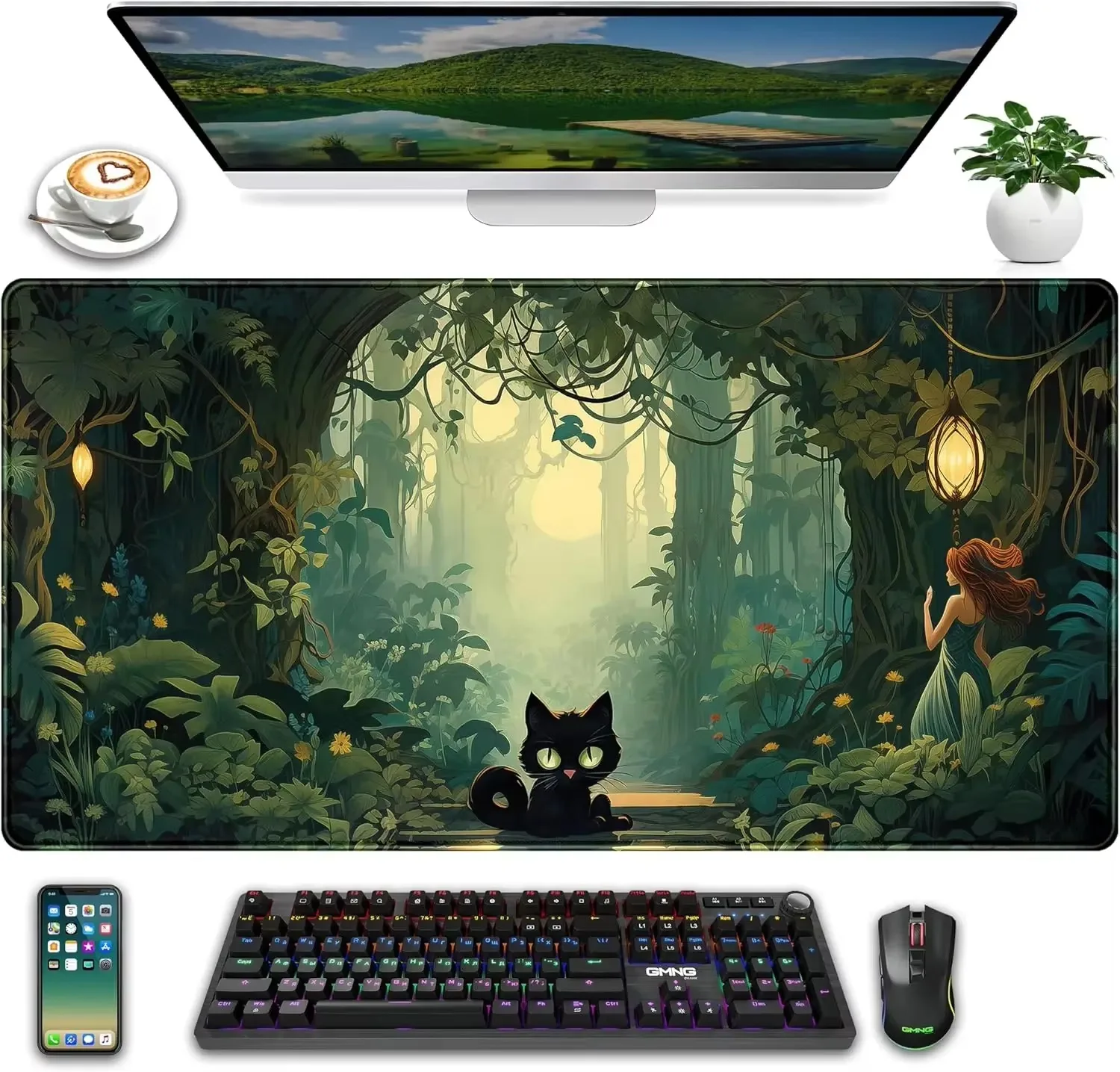 Anime dark green plant table mat mouse pad XXL large extended game computer pc suitable for women office decoration accessories