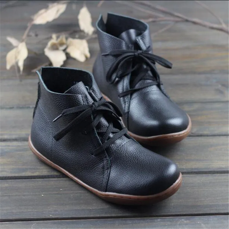 Women Ankle Boots Plus Size Hand-made Genuine Leather Woman Boots Round Toe Lace Up Shoes Female Footwear Driving Shoes