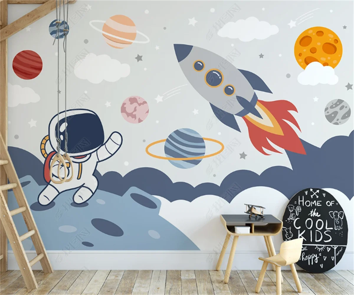 Beibehang personalizar el último nórdico pintado a mano espacio planeta cohete dibujos animados dinosaurio fondo de sala de estar para niños papel tapiz