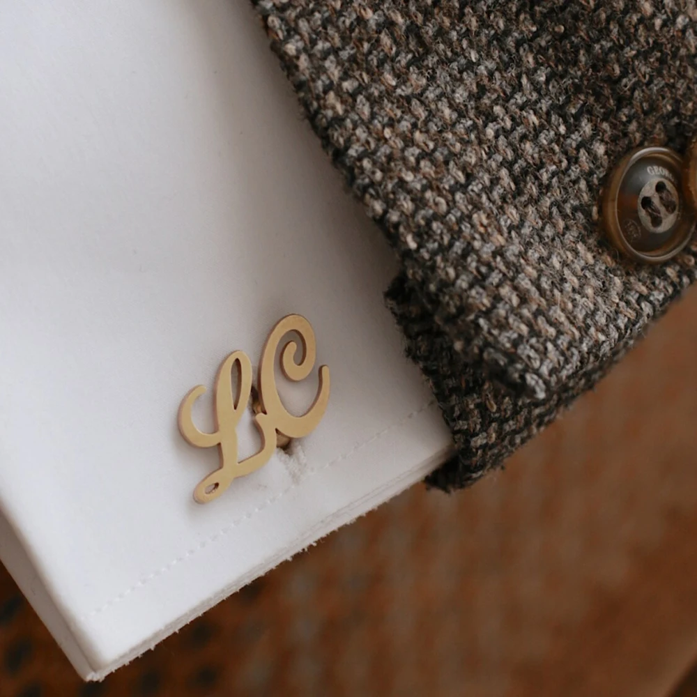 Men Elegant Connected Curly Script Cufflinks Stainless Steel 4 Color Custom Initial Wedding Formal Cuff Accessories