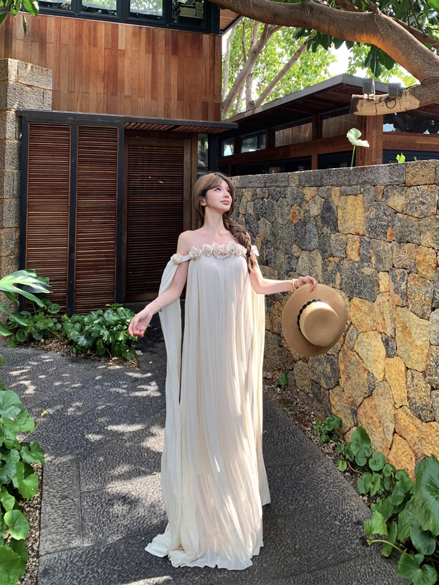 

Kumikumi Floral One-Shoulder Draped Dress Women's Summer Vacation Style Loose A-Line Skirt Gown Elegant Chiffon Maxi Dress