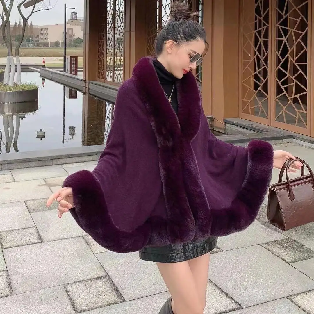 New Autumn And Winter Imitation Rex Rabbit Fur Collar Shawl Cape Knitted Cardigan Outer Cape Cheongsam Shawl Coat