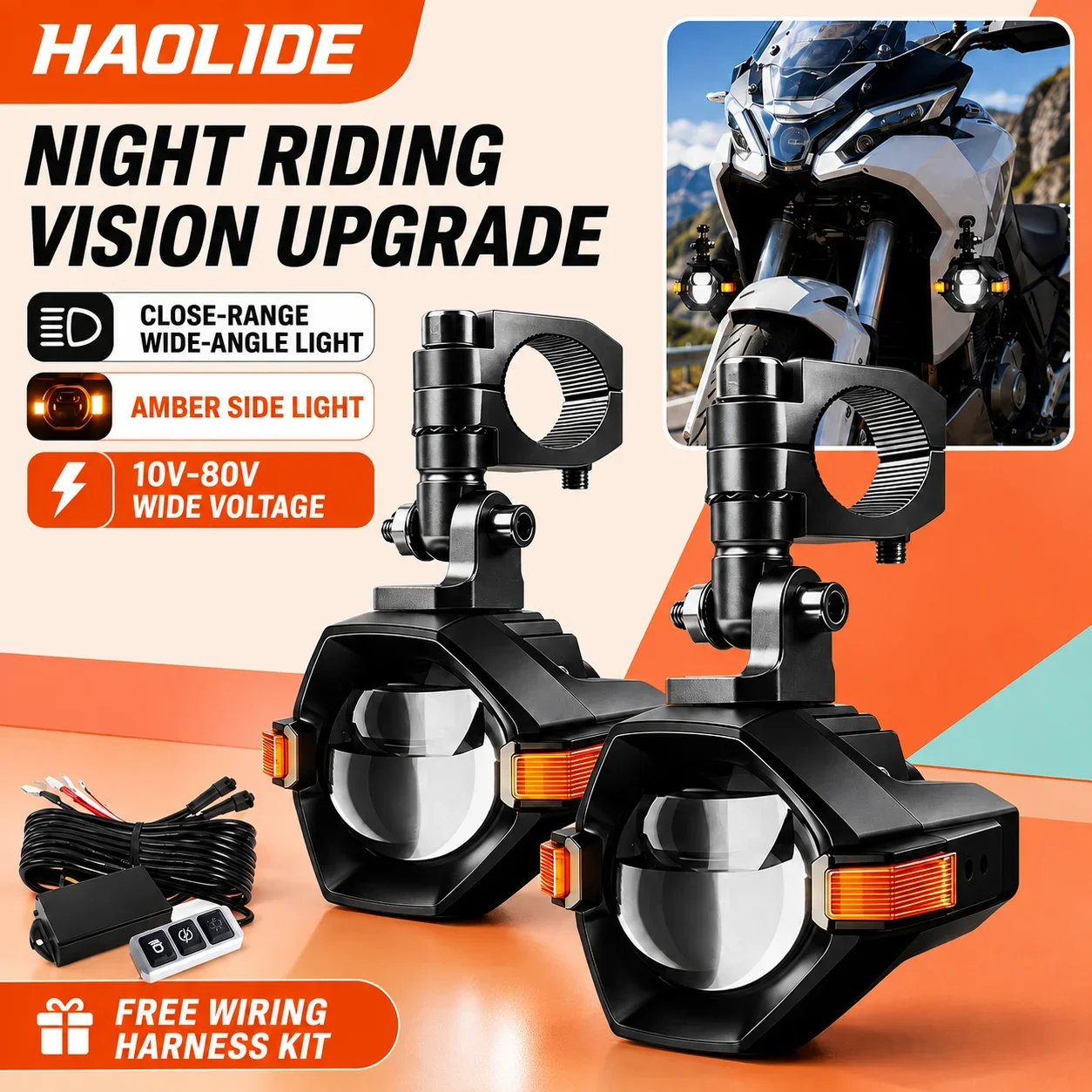 HAOLIDE Motorcycle LED Auxiliary Lights 7 Modes High Low Beam Amber Side Light Z Cut-Off Beam 360° Adjustable Mount off-road use
