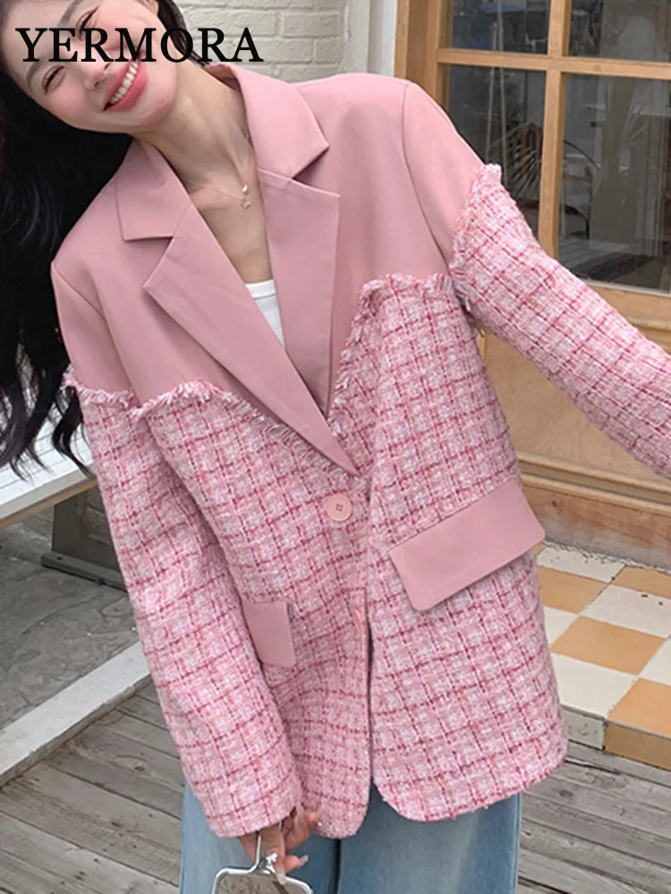 YERMORA Pink Color Spliced Plaid Casual Blazer For Women Lapel Long Sleeve Big Size Basic Jacket Fashion Tide Spring Autumn A1