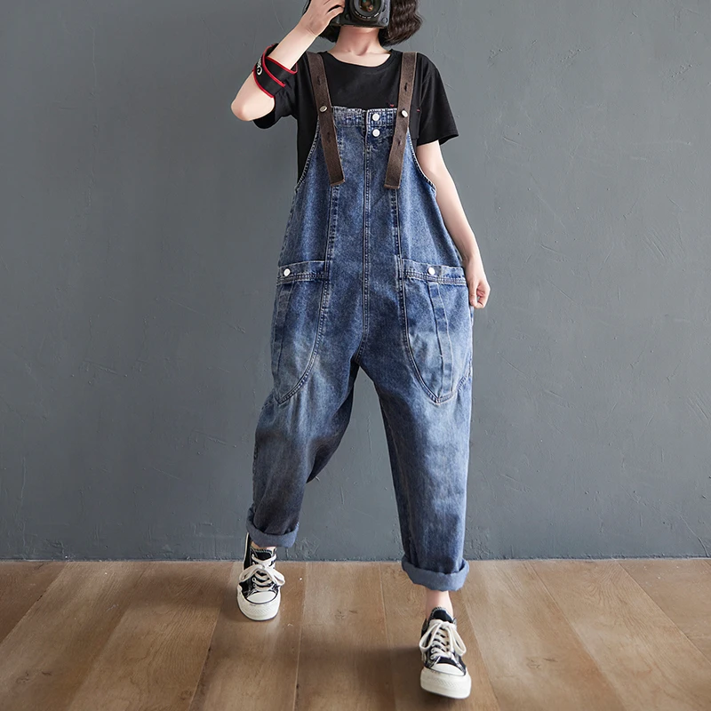 

Oversize Denim Jumpsuits Women 2025 New Spring Autumn Korean Version Loose Harem Pants Retro Casual Pocket Wide Leg Jeans