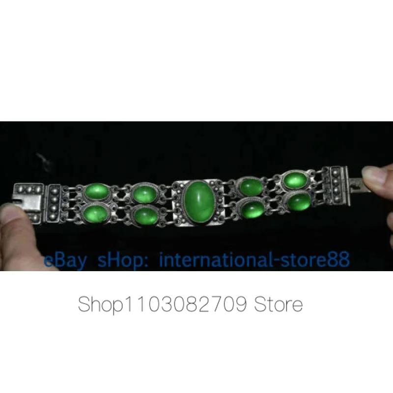 

8.6 Inch Rare Old Chinese Silver Inlaid Emerald Gemstone Dynasty Palace Women's Bracelet