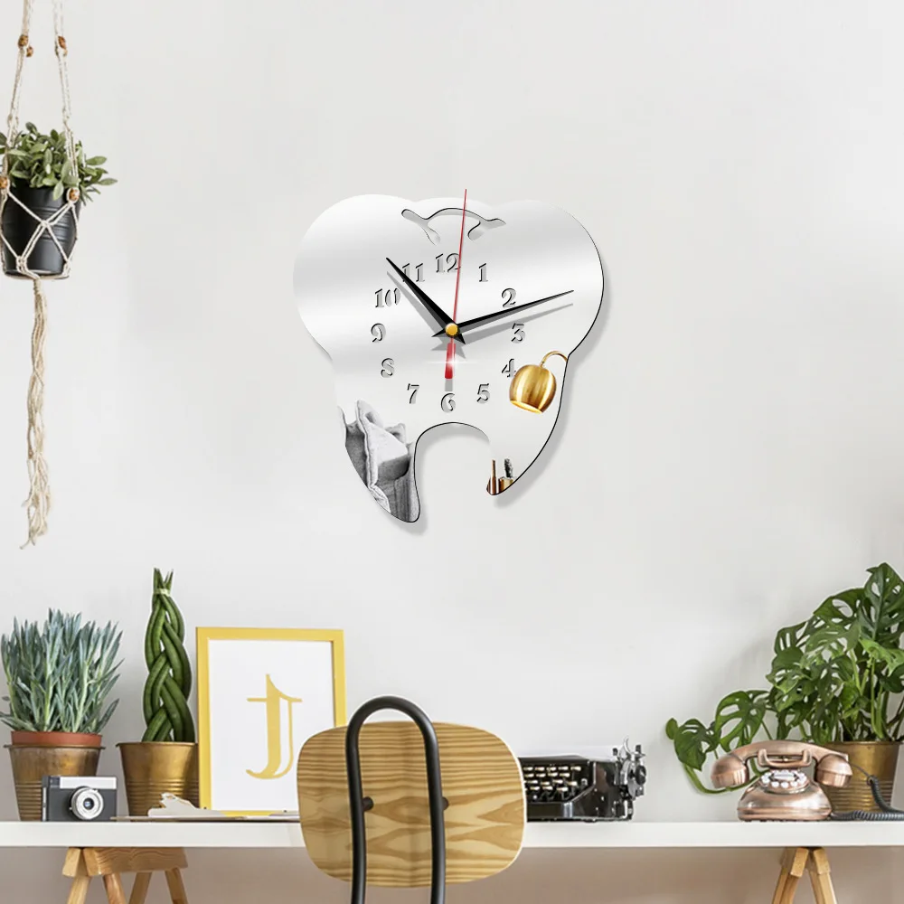 1Pc Modern Creative Personality Teeth Mirror Wall Clock Diy Acrylic Tv Backdrop Wall Stickers No Battery Modern Home décor