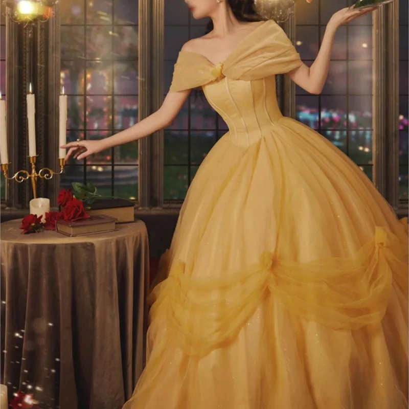 New yellow one-shoulder birthday Coming-of-age studio dress