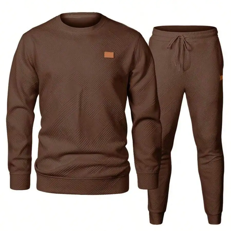 

Brown Two-Piece Jacquard Crewneck Sweatshirt And Jogger Pants Set, Regular Fit Ribbed cuffs, Seasonal Casual Sportswear