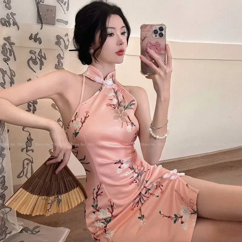 

Women Elegant Pink Qipao Dress Nightclub Sexy Bodycon Sleeveless Chinese Style Print Cheongsam Party Dresses Vintage Vestidos