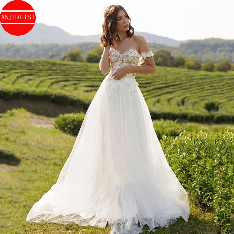 white Wedding Dress No Bra Off The Shoulder A-Line Bride Vestido Flore Appliques Lace Pure Love Illusion Robe de mariée