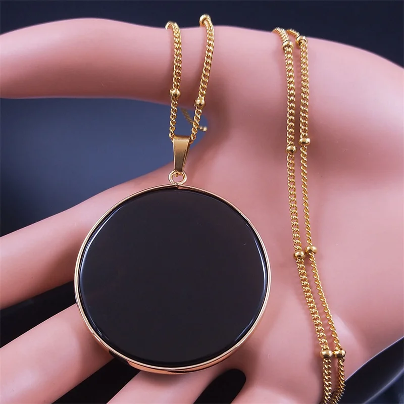 Black Obsidian Natural Stone Disc Shape Pendant Necklace for Women Gold Color Reiki Healing Energy Chain Necklaces Jewelry Gift
