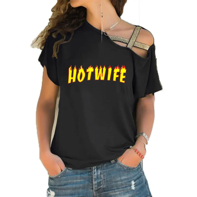 Women T-shirt Loose Slash Neck T Shirt Ladies Hotwife Print T-shirt Summer Casual Irregular Skew Cross Bandage Tops