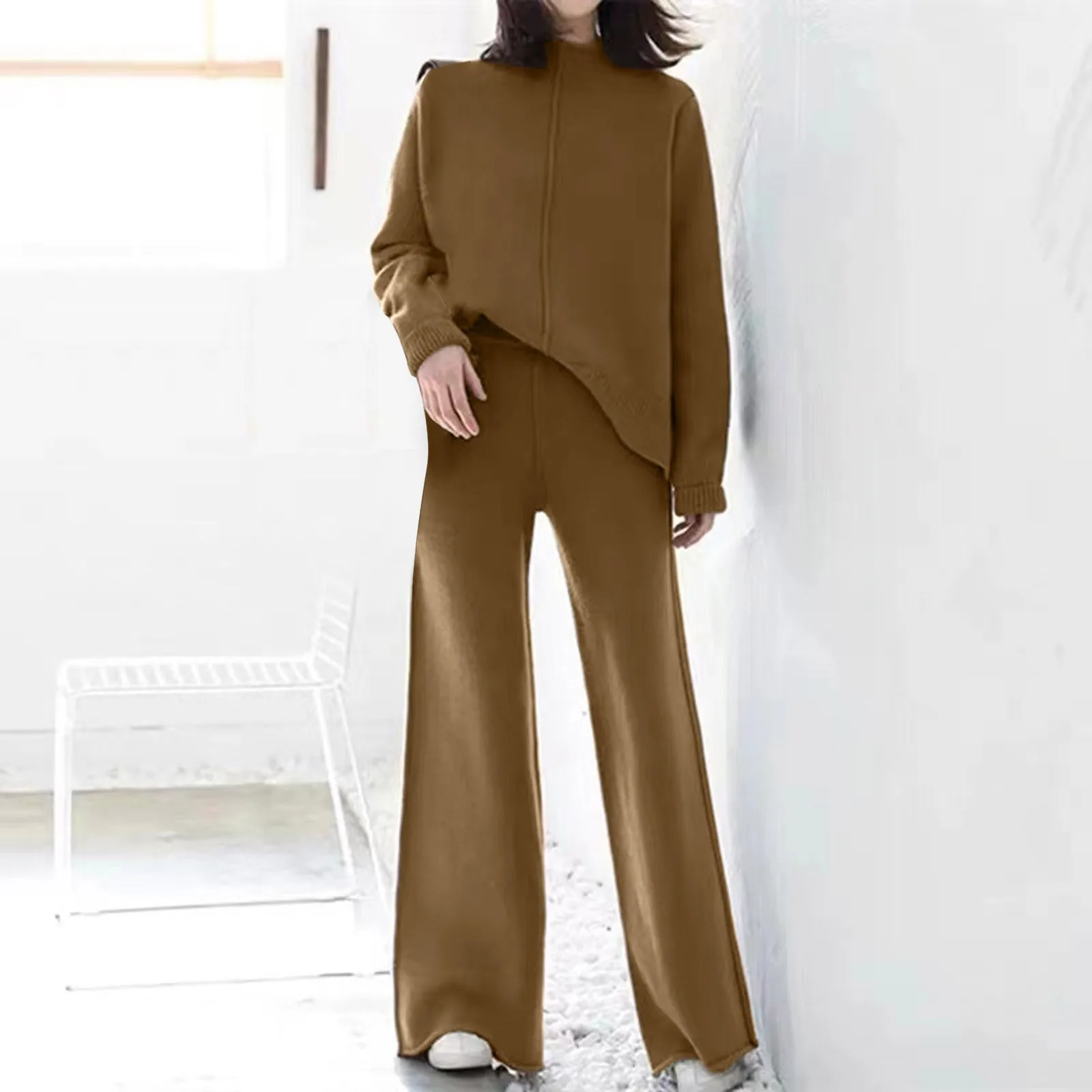 Autumer Winter Loose Casual Warm Two Piece Set Elegant O Neck Long Sleeve Knit Sweater High Waist Wide Leg Pants Suit Women