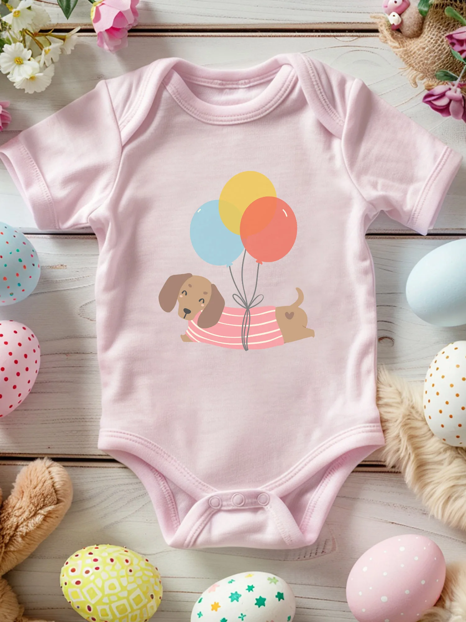

Birthday Dachshund With Balloons Unisex Baby Crawling Suit, 100% Cotton Soft Onesie, All-Season Wear Pink Bodysuit 190GSM