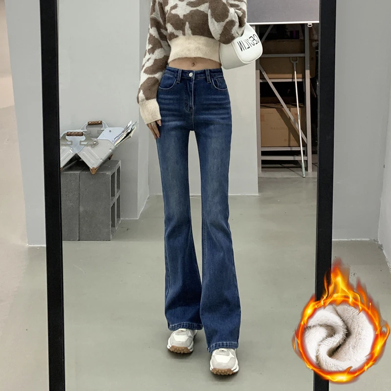 Dames Winter Fleece Jeans Mode Koreaanse Skinny Elastische Uitlopende Broek Dikker Slanke Pluche Fluwelen Vrouwelijke Denim Broek Zwart Blauw