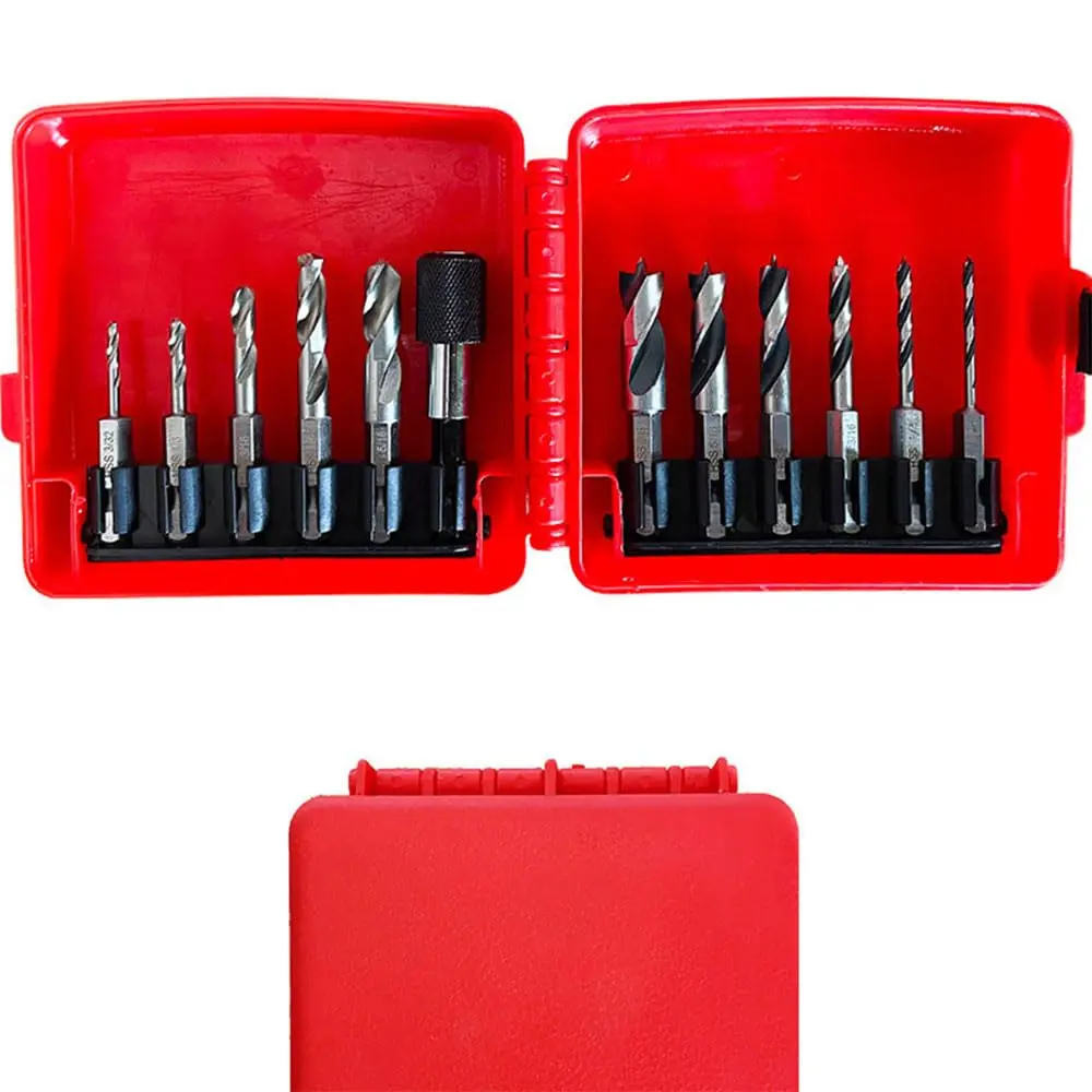 

12 Pcs Metal & Wood Drill Bit Combination Set With Quick Change Adapter 1/4 Hex Shank 3/32-3/8 Inch SAE HSS Twist Drill Bits