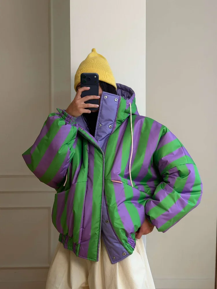 Color Block Striped Puffer Jacket Reversible Hooded Winter Coat Oversized Loose Zip Up Women Warm Quilted Lady Casual Outerwear