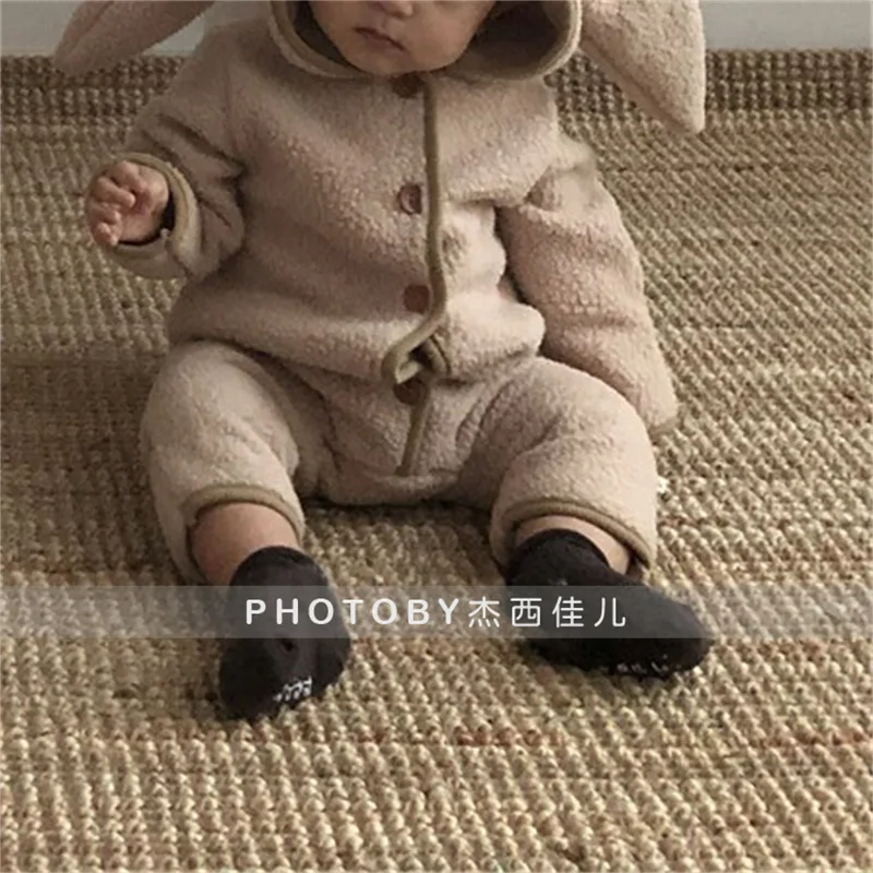 Winter Baby Rompers Newborn Rabbit Ear Hooded Boy Girl Romper Clothes Lamb Fur Fleece Warm Infant Toddler Jumpsuit Boys Playsuit