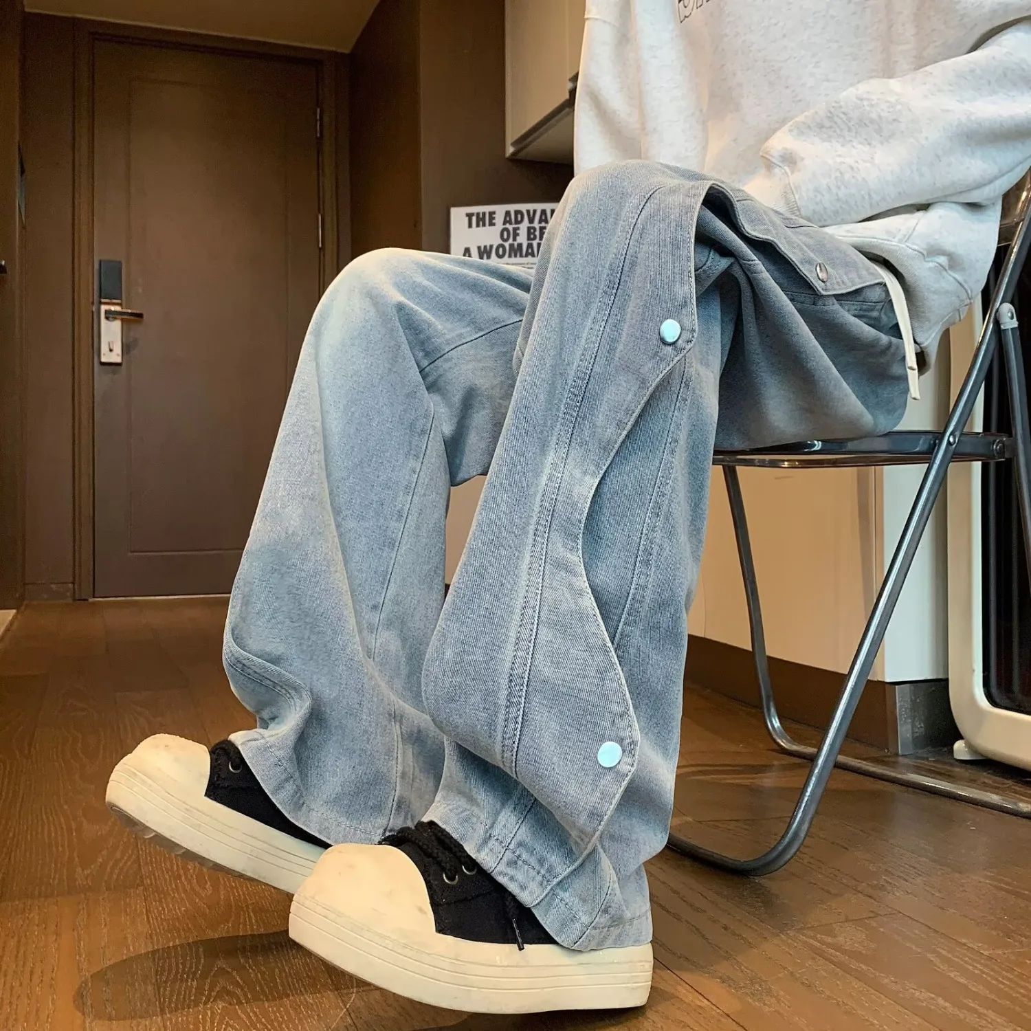 

Light Blue Straight Leg Men's Jeans Summer Casual Wide Leg Long Trousers High Waist Vintage Sle Denim Pants for plus Size
