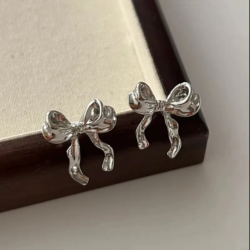 FTCY Vintage Metal Bowknot Earrings For Women Sweet Elegant Gold Color Women's Stud Earring Christmas Party Jewelry image 5