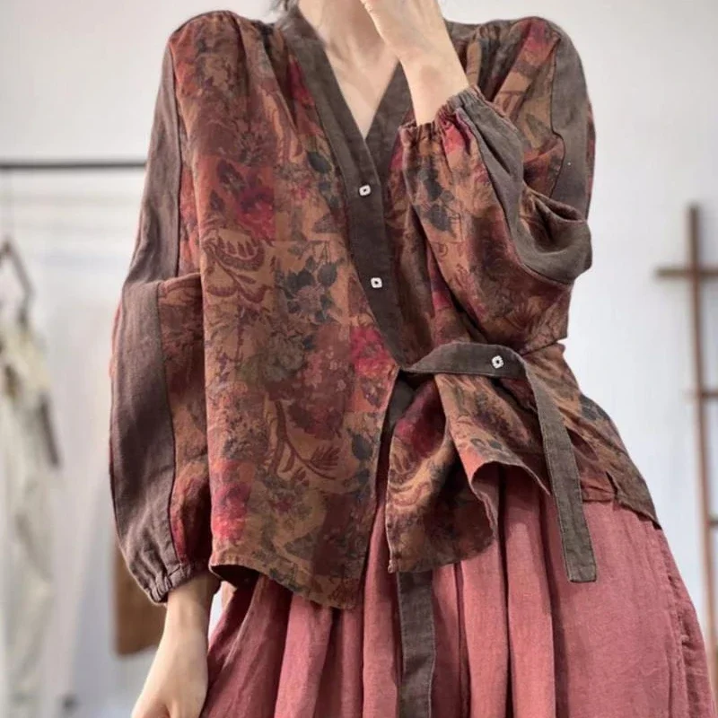 

Женский весенний свободный кардиган на шнуровке с v-образным вырезом, верхняя одежда с льняным принтом в стиле ретро, короткая куртка для женщин XY175